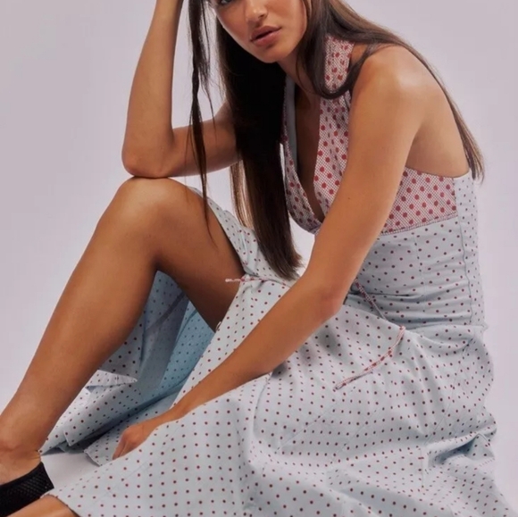 Free People Stelladonna Midi Maxi Dress Halter Polka Dot Powder Blue Red Combo - Picture 3 of 7